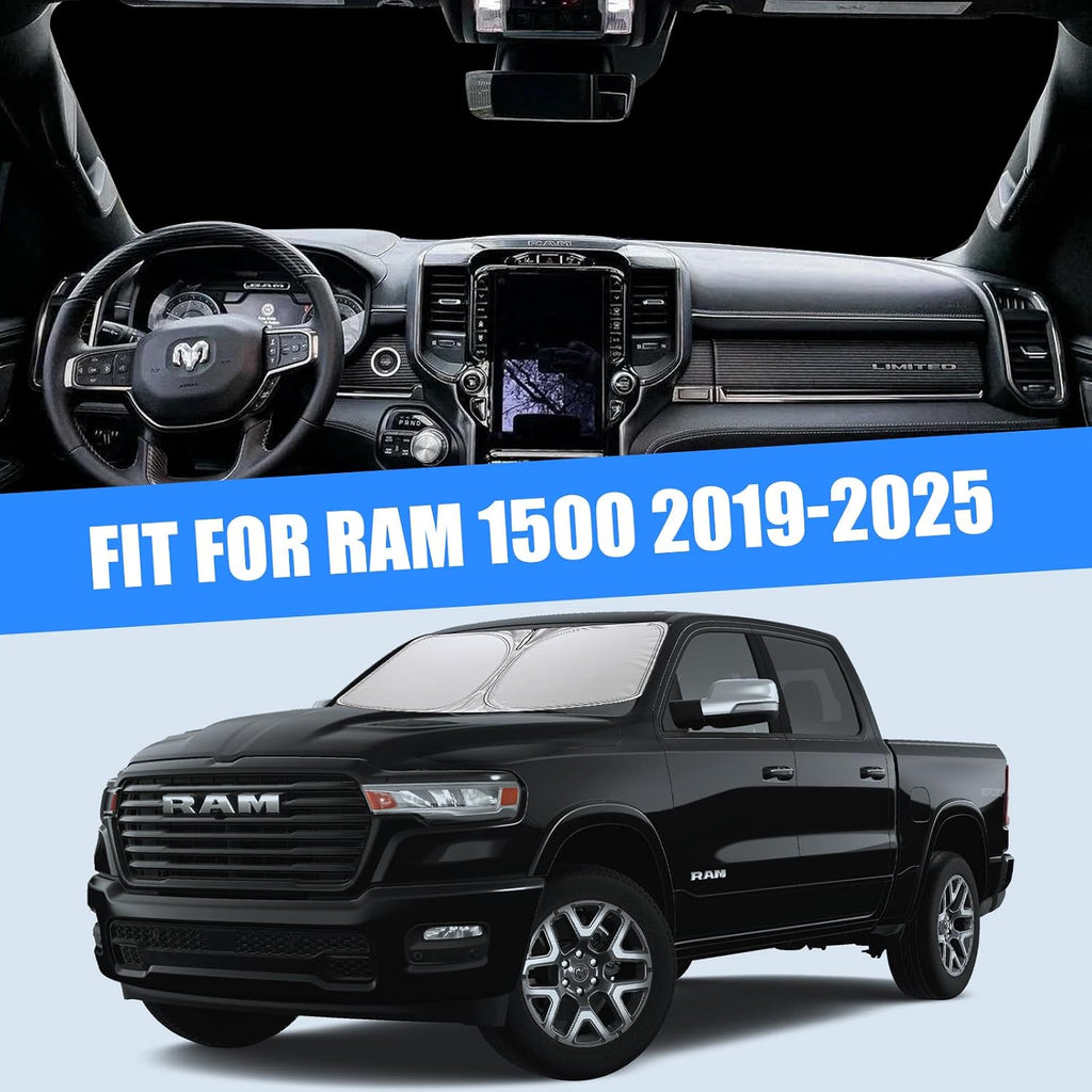 Foldable Sun Shade WODSTA Full Coverage Windshield Sunshade Compatible with Ram 1500 2019-2025 All Model 4-Layer Thickened Windows Visor 240T Polyester Windshield Sun Shade