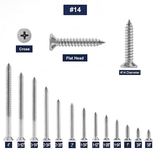 #14 x 3-1/4" Wood Screw 100Pcs 18-8 Stainless Steel Screws Flat Head Phillips - Image 3