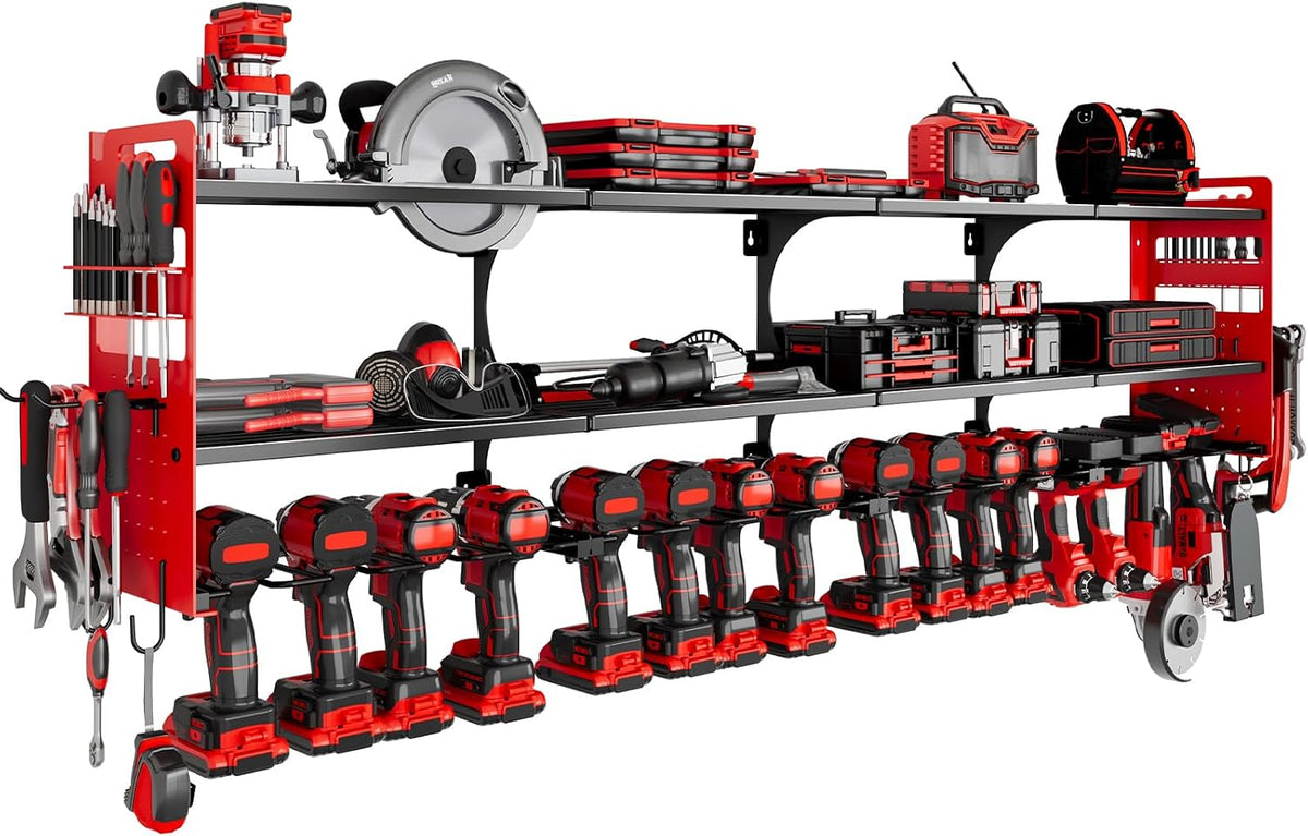 64" Power Tool Organizer Wall Mount, 16 Slots, 3-Tier Drill & Cordless Tool