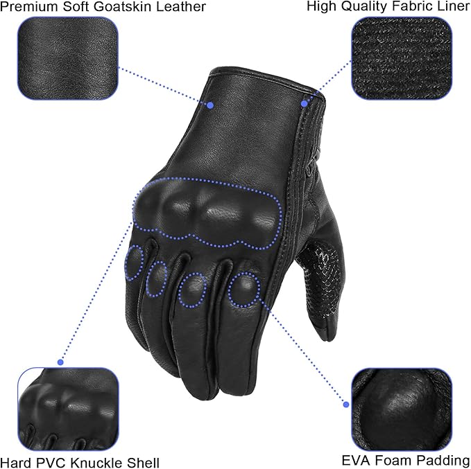 Updated Men’s Goat Skin Leather Motorcycle Gloves Touchscreen Knuckle Protector - Image 2