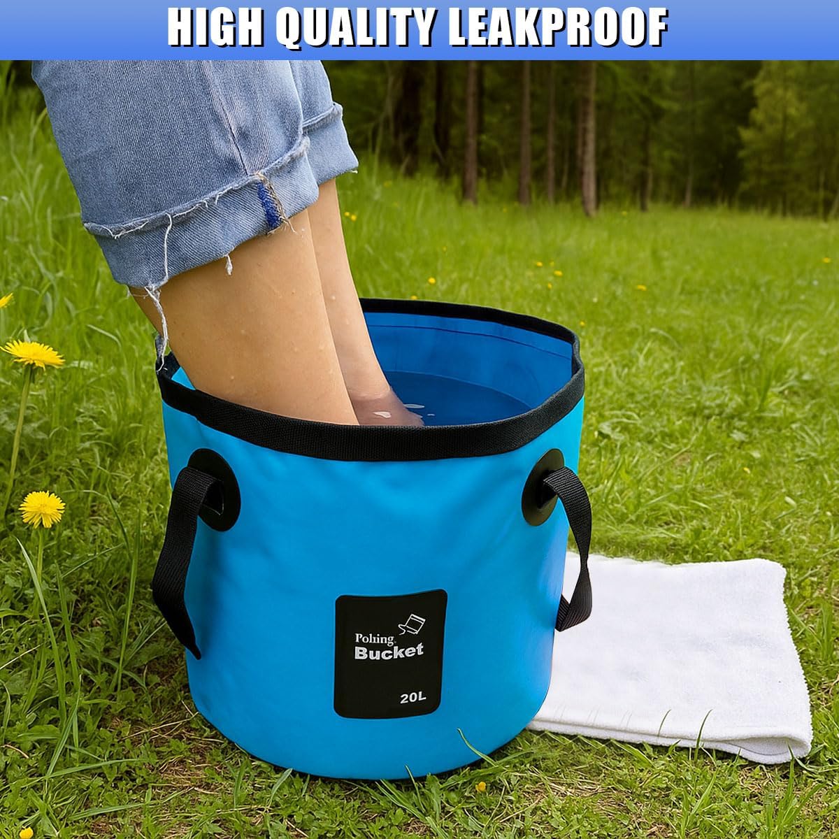 Collapsible Bucket with Handle, 5 Gallon 20L Multifunctional Foldable Water Container, Portable Waterproof Wash Basin for Fishing Camping Hiking Garden Car Washing (Blue)