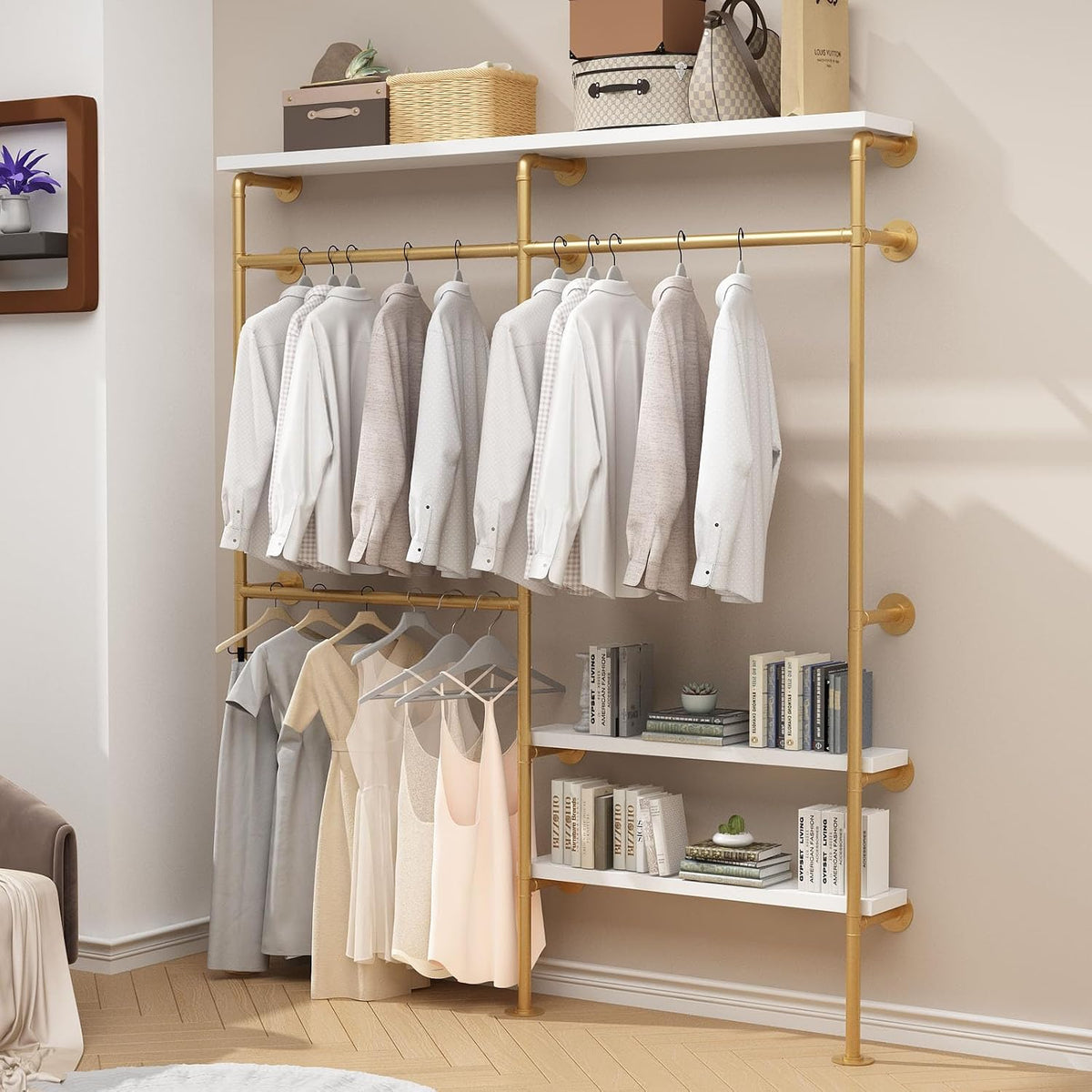 homekayt industrial pipe clothes rack with shelves, gold, main product view