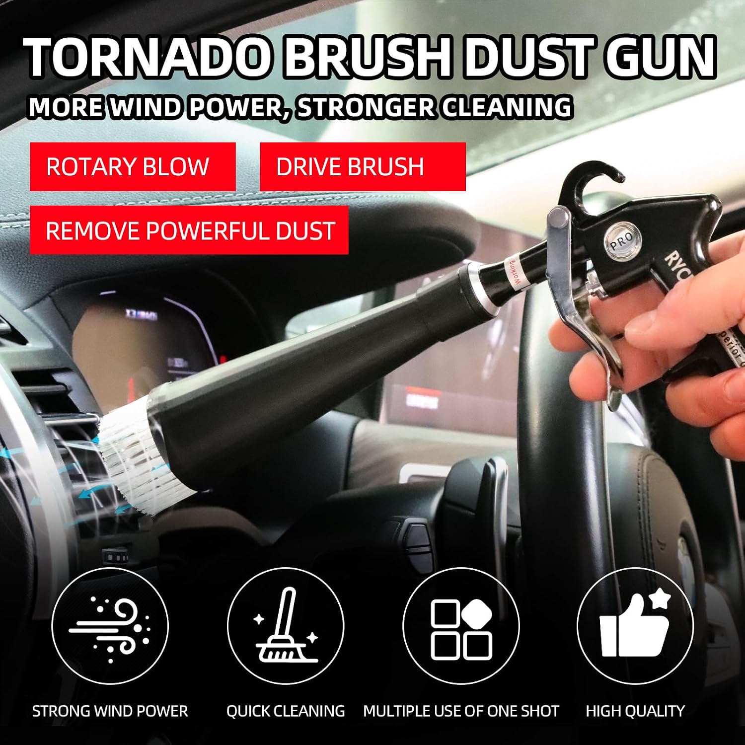 Tornado Dry Cleaning Gun Tornado Car Cleaning Gun Tornado Dry Air Blow Gun with 2 Nozzles + 2 American Connectors + 2 Microfiber Towels, Durable Metal Body, Anti-Drop, for Car Interior Cleaning