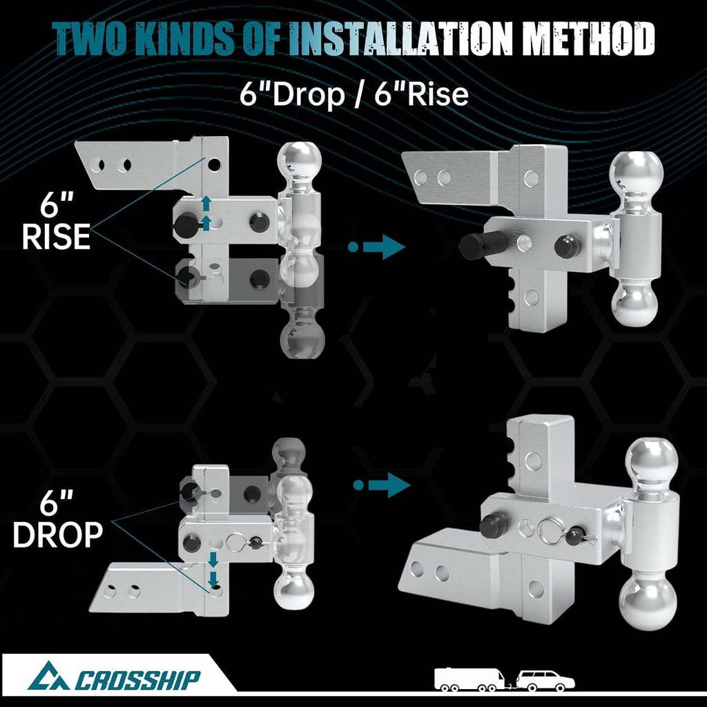 Adjustable Trailer Hitch - Heavy Duty Aluminum Drop Drawbar Hitch - Fits 2.5" Receiver, 6" Drop/Rise with 2" & 2-5/16" Solid Dual Balls 18,500 LBS GTW- for Truck, SUV, RV