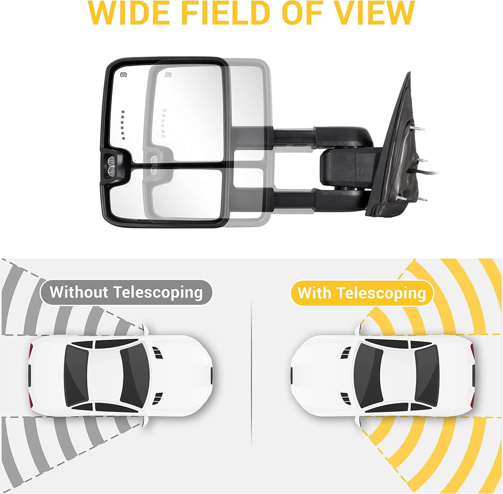 Towing Mirrors Compatible with 2014 2015 2016 2017 2018 Chevy Silverado GMC Sierra 1500 2500 HD 3500 HD with Power Glass LED Arrow Turn Signal Backup Lamp Running Light Heated Extendable Pair Set