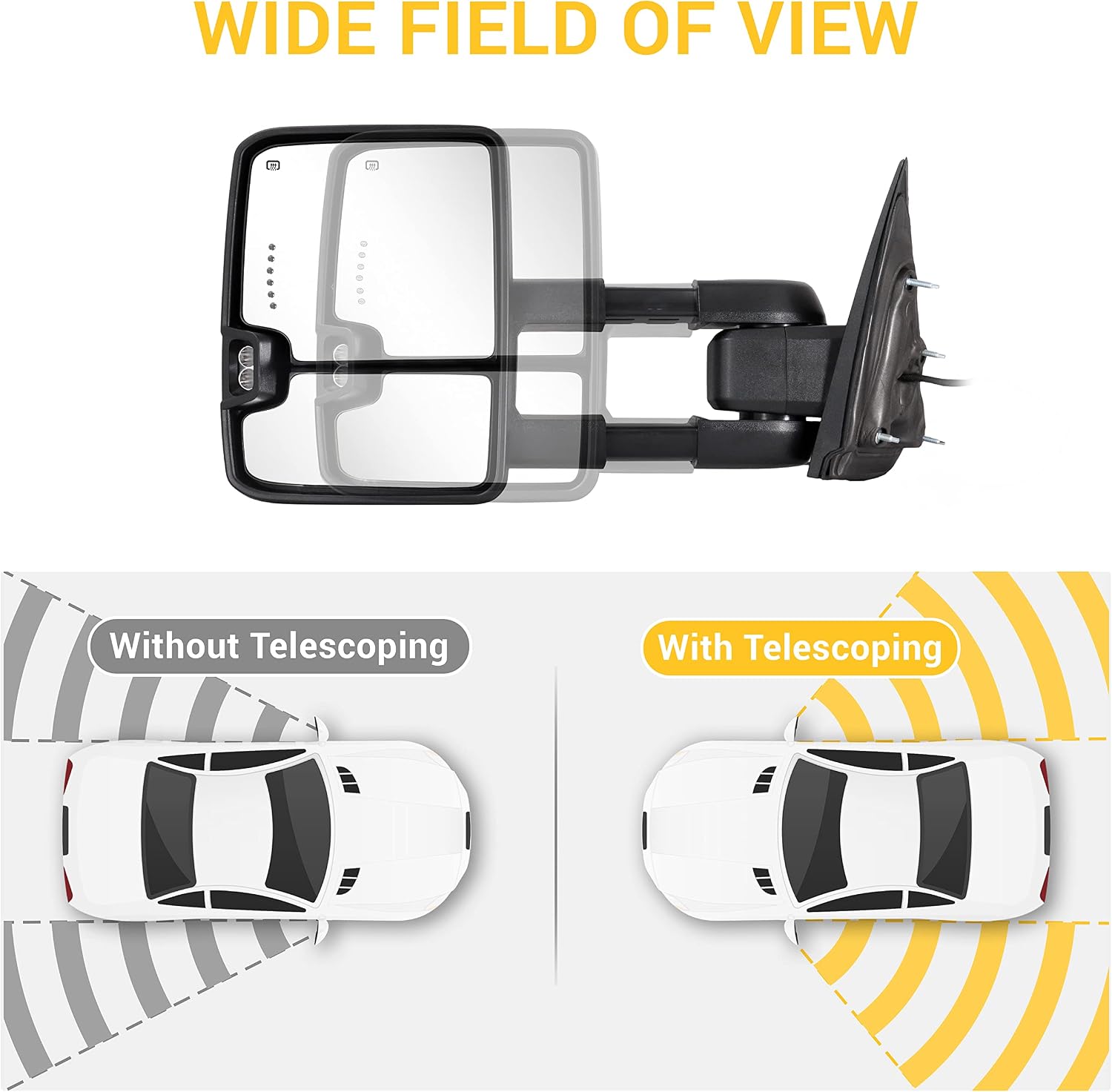 Towing Mirrors Compatible with 2014 2015 2016 2017 2018 Chevy Silverado GMC Sierra 1500 2500 HD 3500 HD with Power Glass LED Arrow Turn Signal Backup Lamp Running Light Heated Extendable Pair Set