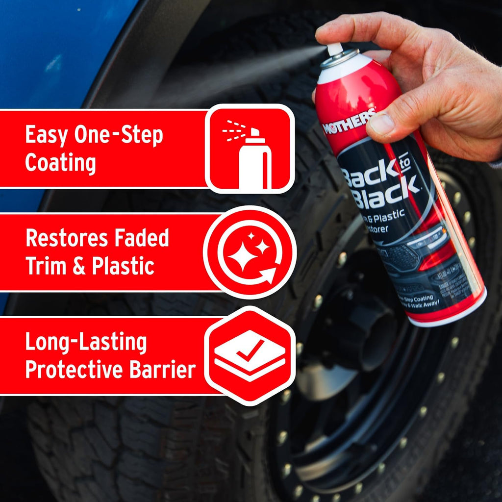 Mothers Back-to-Black Trim & Plastic Restorer, 10 oz. Aerosol (06110) | Removes Oxidation, Dirt & Wax Residue – Restores Faded Trim & Provides Long-Lasting Protection