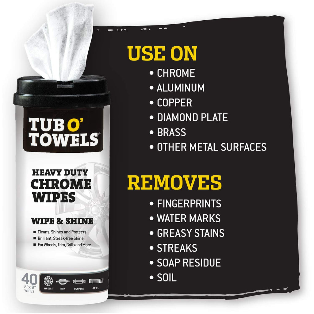 Tub O’ Towels Heavy Duty Chrome Wipes - Clean, Shine & Protect Chrome, Aluminum, Copper, and Brass Surfaces - Oil-Based Polishing Wipes - Resists Streaks & Fingerprints - 40 Count for Auto Detailing