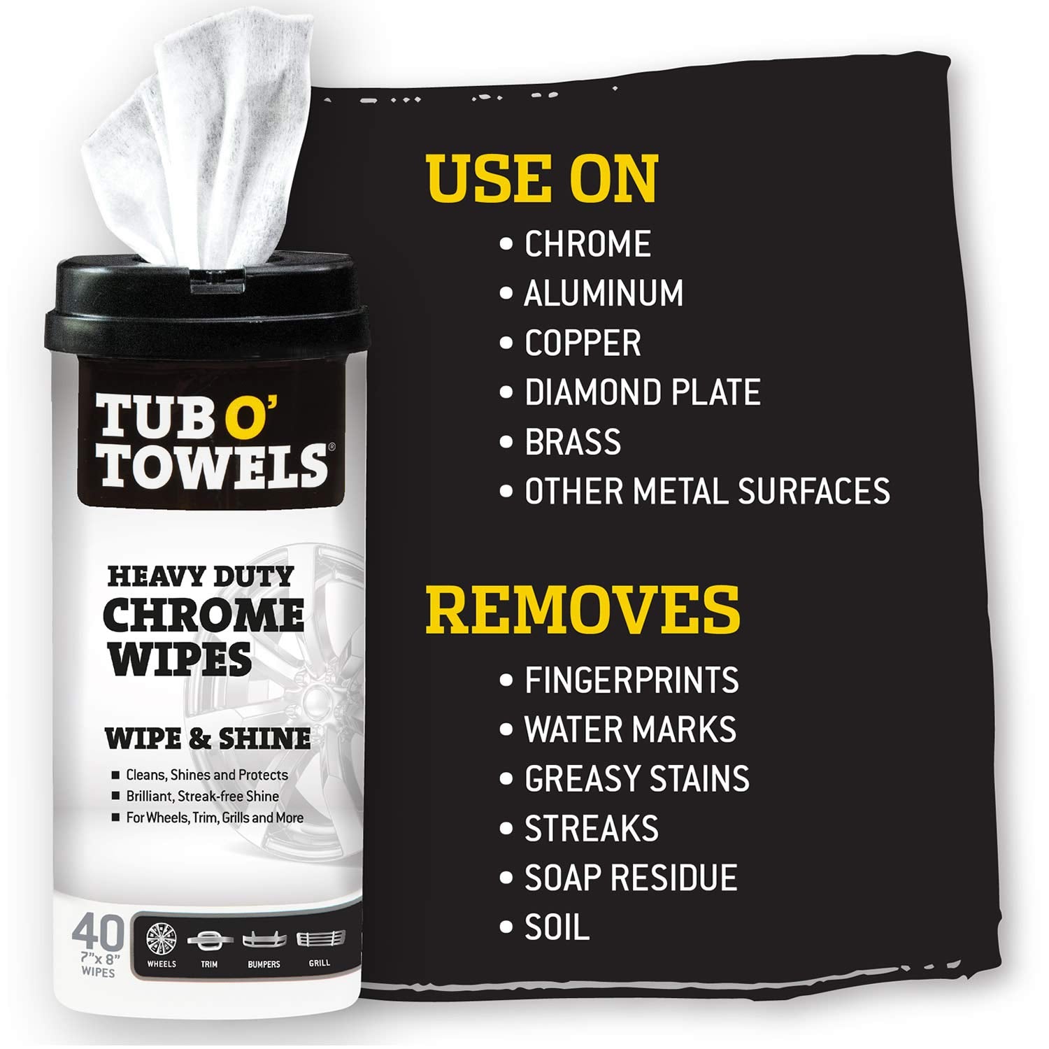 Tub O’ Towels Heavy Duty Chrome Wipes - Clean, Shine & Protect Chrome, Aluminum, Copper, and Brass Surfaces - Oil-Based Polishing Wipes - Resists Streaks & Fingerprints - 40 Count for Auto Detailing