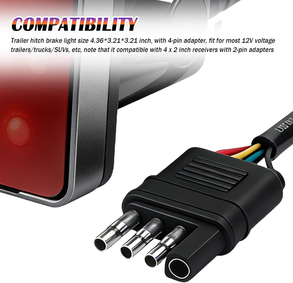 12V Trailer Hitch Light,Square 2" Receiver Tow Hitch Light with 4-pin Adapter & 15 LED Beads for Warning Purposes,Waterproof & High Brightness Red Trailer Hitches Brake Lights