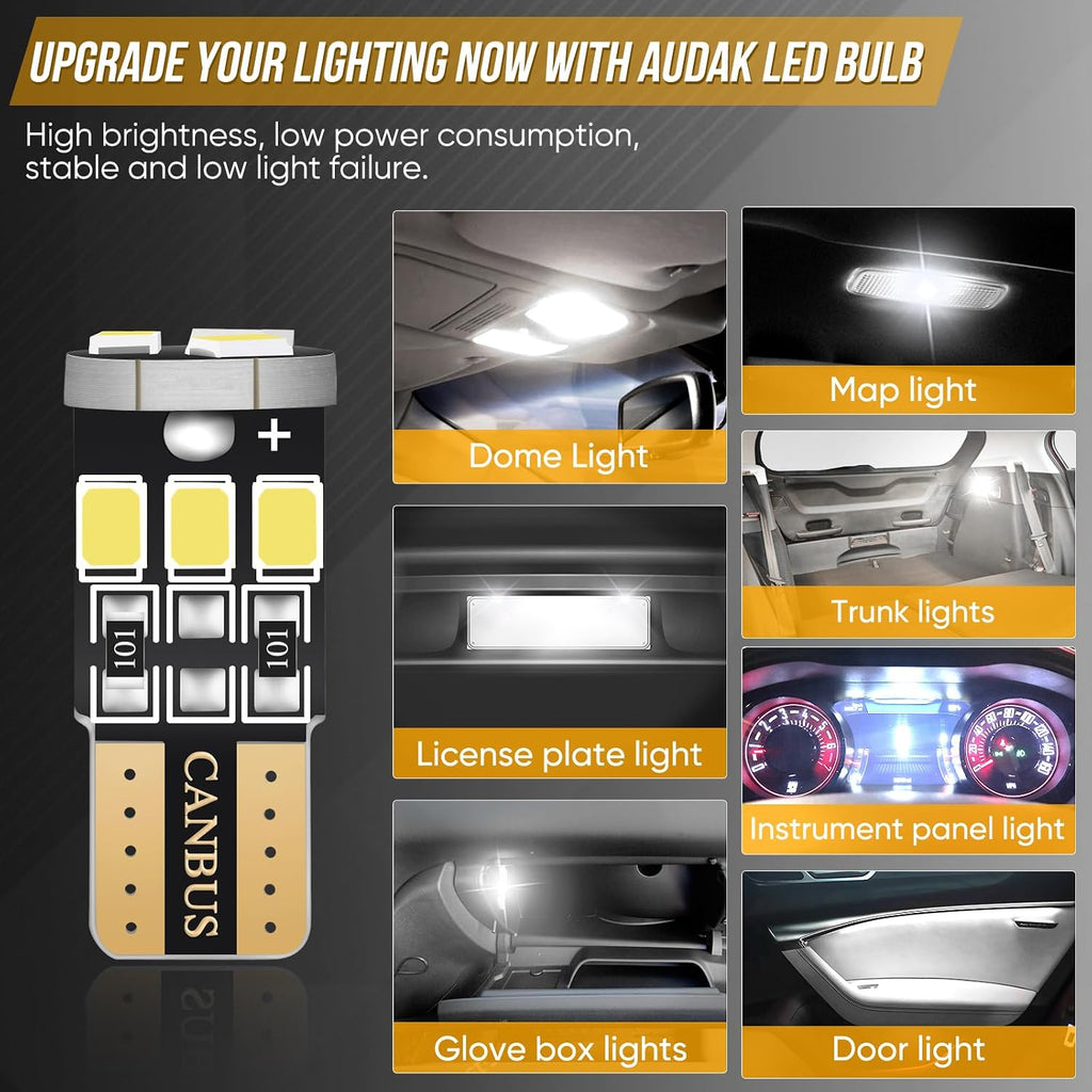 Audak 194 LED Bulb T10 W5W 2825 158 192 168 Canbus 9SMD 2835 Chipset 6000K White Non-polarity for Car Interior Dome Map Door Courtesy License Plate Trunk Lights (Pack of 10)
