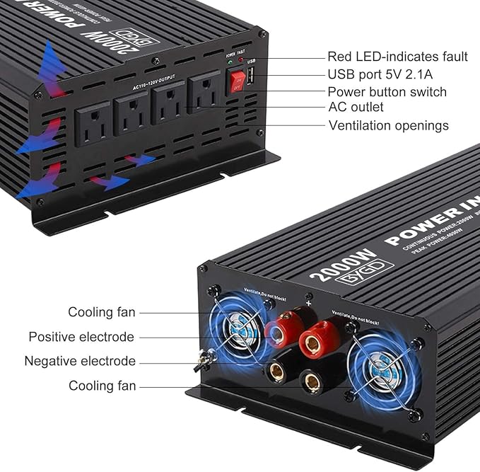 BYGD 2000W Power Inverter 12V DC to 110V AC Inverter Converter - Image 6