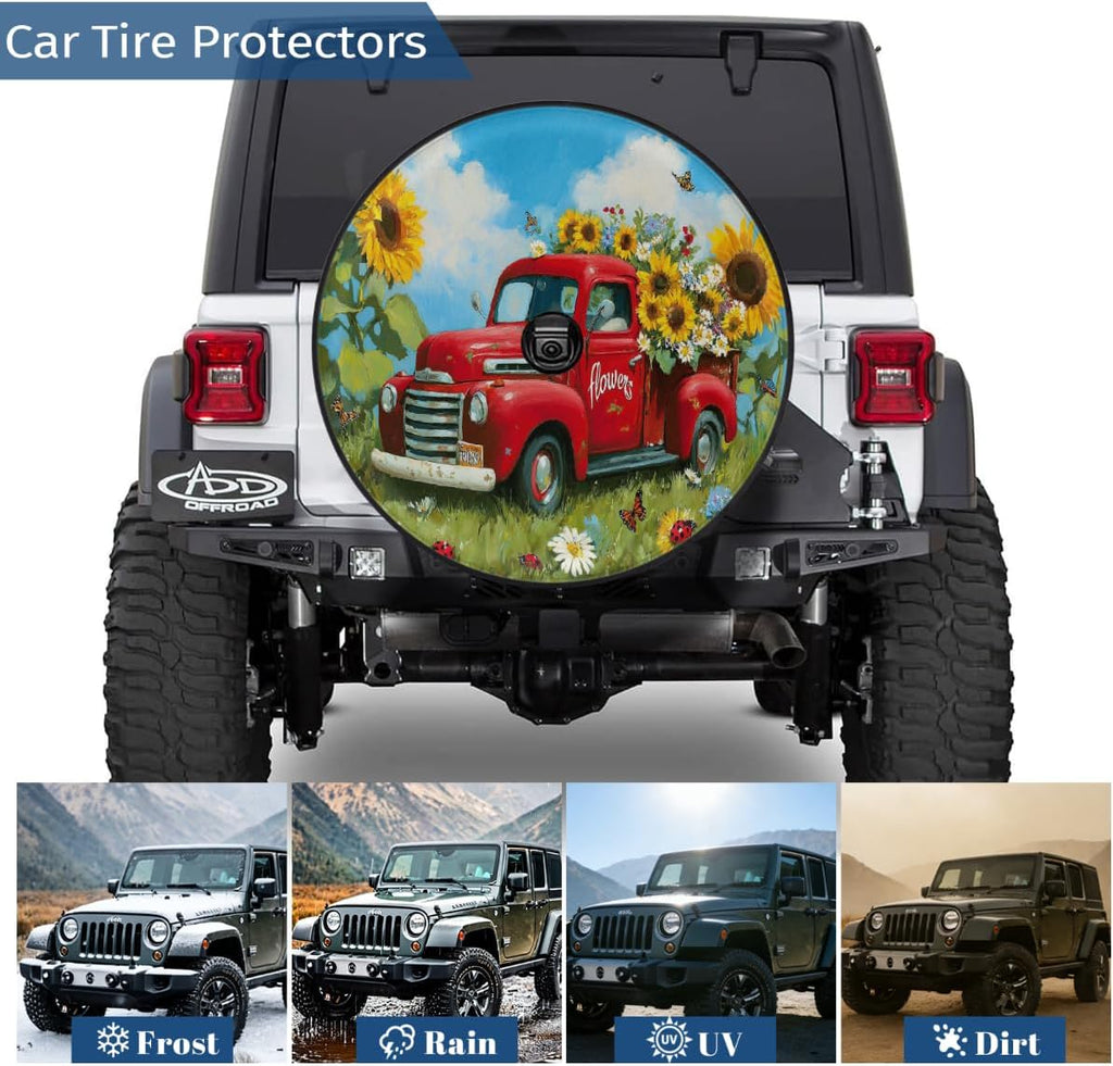 Spare Tire Cover with Backup Camera Hole Fit for Jeep RV Camper Travel Trailer SUV Truck 17inch,Waterproof Weatherproof Universal Car Wheel Protectors,Farm Floral Red Truck