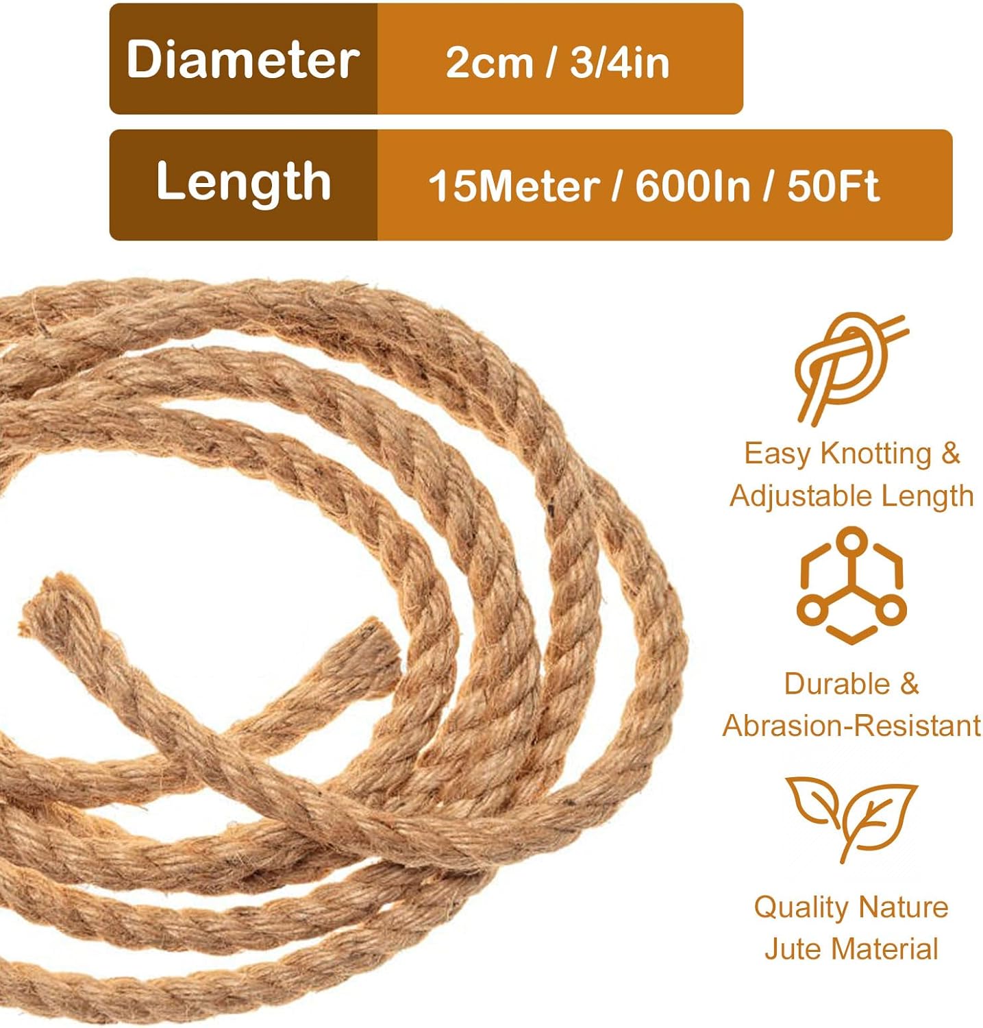 Thick Twisted Manila Ropes 3/4inchx50ft Natural Jute Rope Heavy Duty Hemp Rope for Swing Bed, Crafts, Railing, Tug of War, Landscaping, Gardening, Bundling, Hammock, Home Decorating
