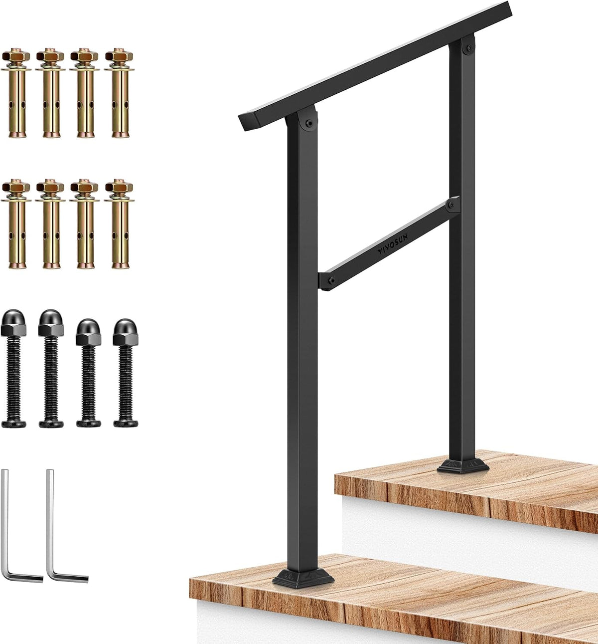 VIVOSUN Outdoor Handrail, 2 Step Stair Handrail, Wrought Mattle Iron Handrail