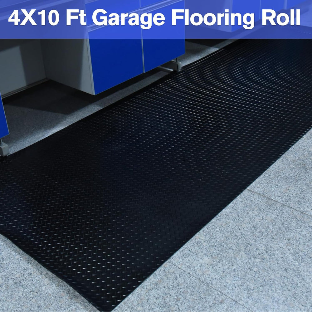 4x10FT Flooring Roll Diamond Plate Rubber Garage Floor Mat, Black