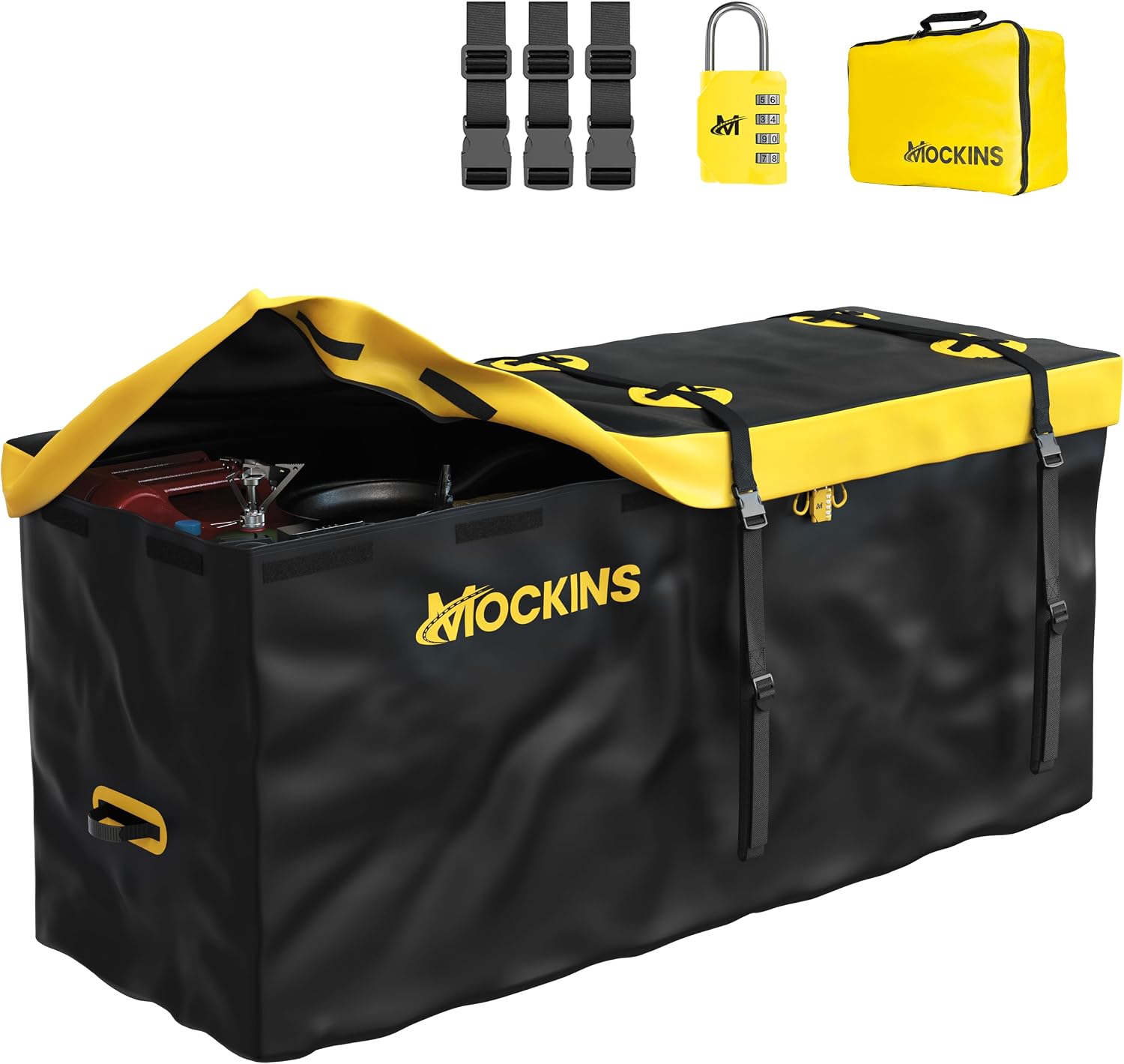 Mockins 20 CuFt Waterproof Cargo Bag for Hitch Carrier All-Weather 500D PVC | 60"x20"x29" Trailer Hitch Cargo Carrier Bag | Truck Bed Storage w/ Straps, Lock & Bag | Rugged Vehicle Soft-Shell Carriers