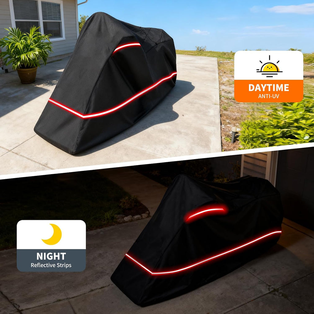 Full Enclosed Motorcycle Cover - Waterproof for Outdoor & Indoor Storage,600D Heavy Duty with Reflective Strips,Fits Scooters & Touring Motorcycles up to Length 108" x 45" x 59" Black