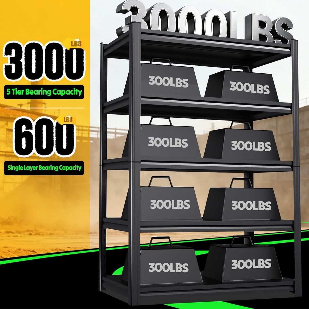 5-tier garage shelving 2500lbs heavy duty metal storage, side view