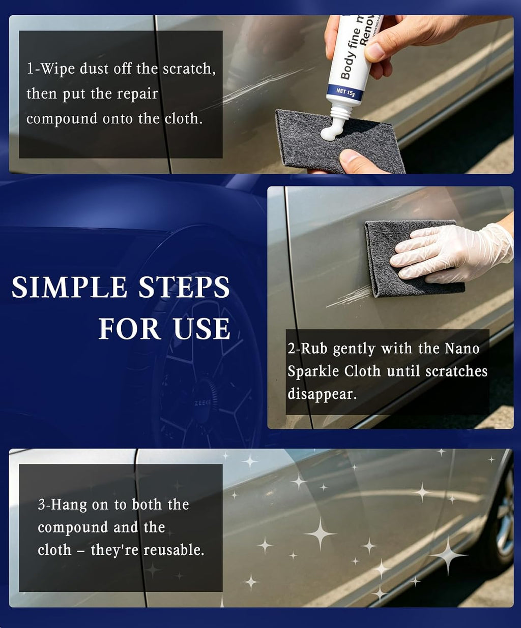 Nano Sparkle Cloth Car Scratch Remover, Nanosparkle Cloth for Car Scratches, Nanowipe Cloth For Car Scratches, Safe on All Vehicle Colors, Removes Water Spots & Swirl Marks & Scratches, 4-Pack (Black)