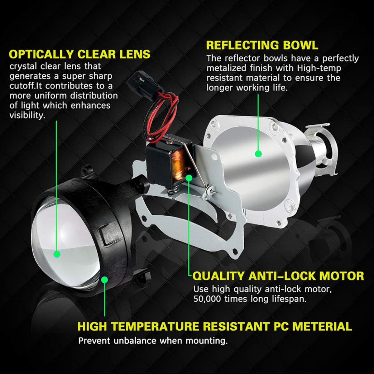 2.5 inch Bi-Xenon HID Projector Lens H4 H7 H11 Car Retrofit Styling Use H1 light Universal (Black Shroud with White Angel Eyes)