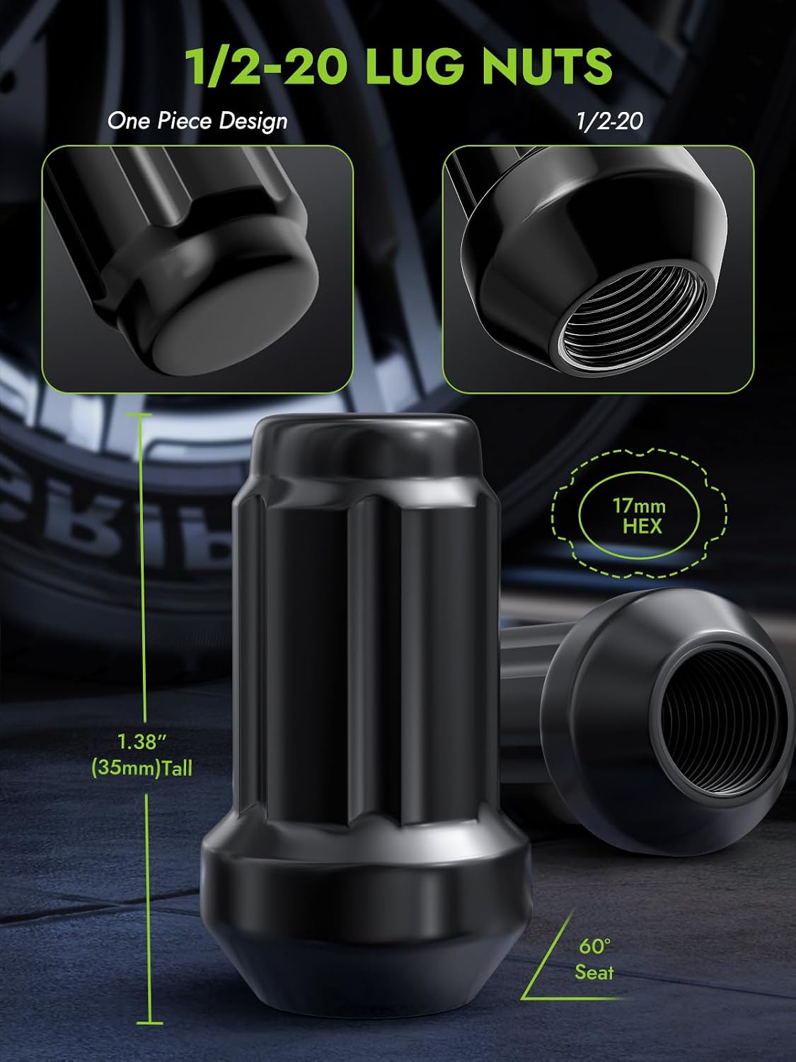AUTOPTIM 1/2-20 23PCS Lug Nuts - Replacement for 1987-2018 Jeep Wrangler JK, 2002-2012 Liberty, 1993-2010 Grand Cherokee Aftermarket Wheel, 17mm Hex, Black Closed End Short Nuts with Socket Key