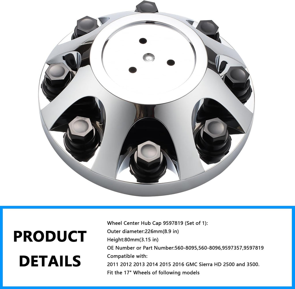 Wheel Center Hub Cap 9597819 (Set of 1), 8 7/8 Inch Diameter Center Cover Hubcap Compatible with Chevrolet Silverado 2500 3500 SRW GMC Sierra 2500 3500 11-26, Suburban 3500HD 16-19