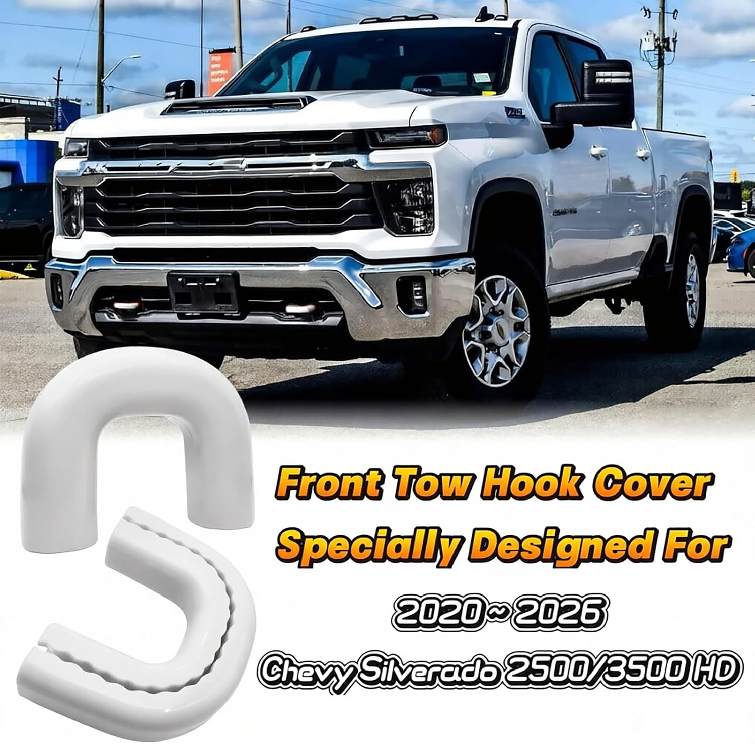 Front Tow Hook Cover for 2020-2026 Chevy Silverado 2500 HD 3500 HD, Silverado 2500HD Accessories, Tow Hook Covers, Chevy 2500HD Accessories, Heavy Duty Parts, Silicone, White (2 Pack)