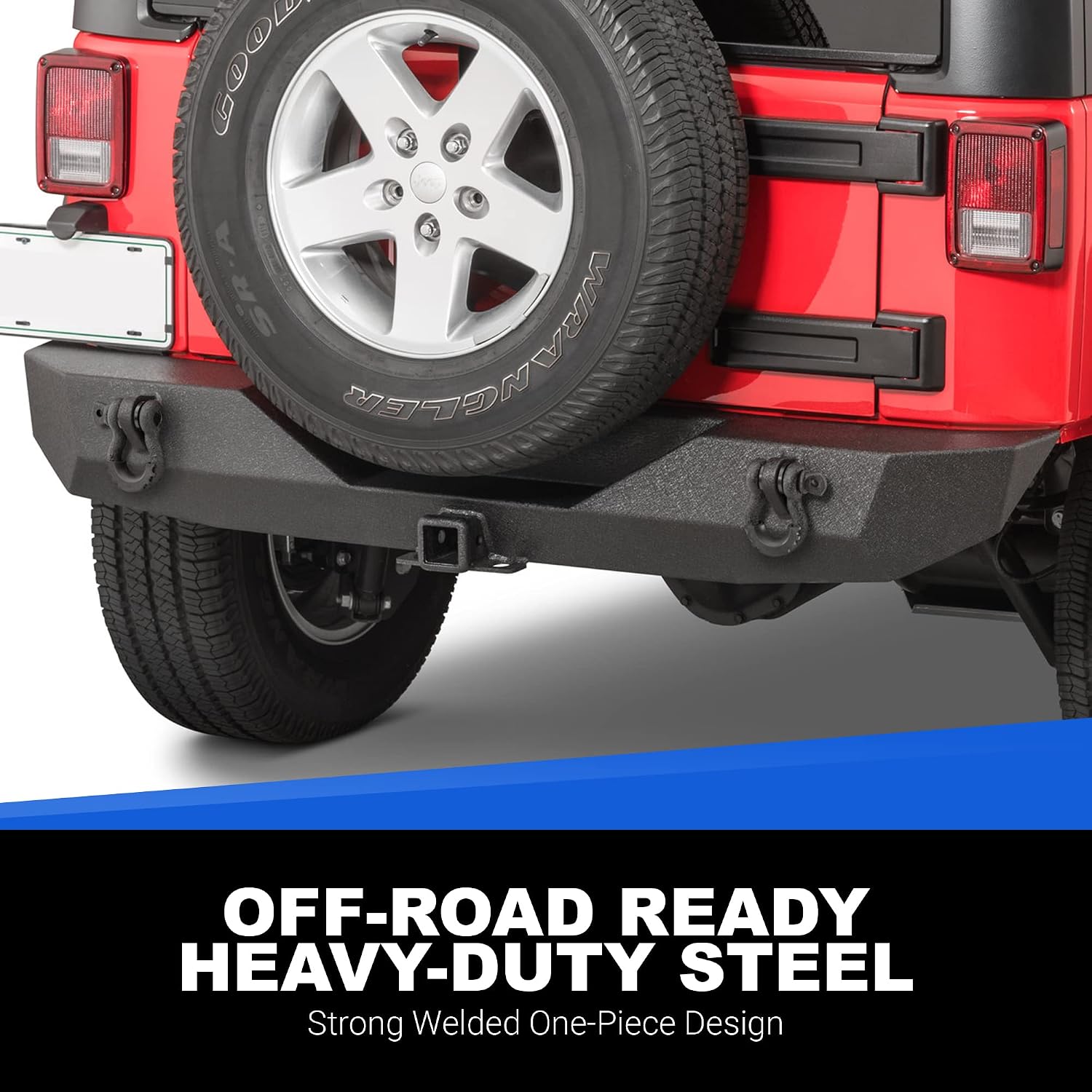 TACTIK JK Rear Bumper with 2" Hitch Receiver & D-Rings - Fits Jeep Wrangler JK 2007-2018 - Heavy Duty Offroad Bumper for Jeep JK Wranglers