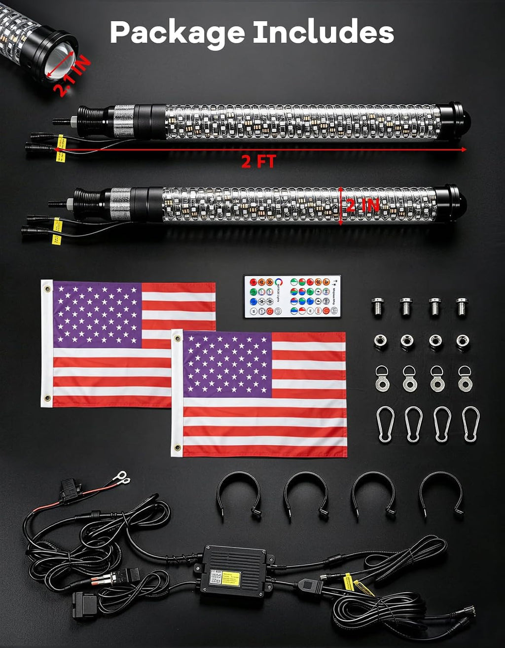 2-in-1 2FT Fat Whip Lights, Whipless LED Whip Lights with Rocker Switch, Remote & APP Control, 360° Spiral Multi-Color Lights, Compatible with Polaris, Can-Am, CFMOTO, ATVs (2 Pack)