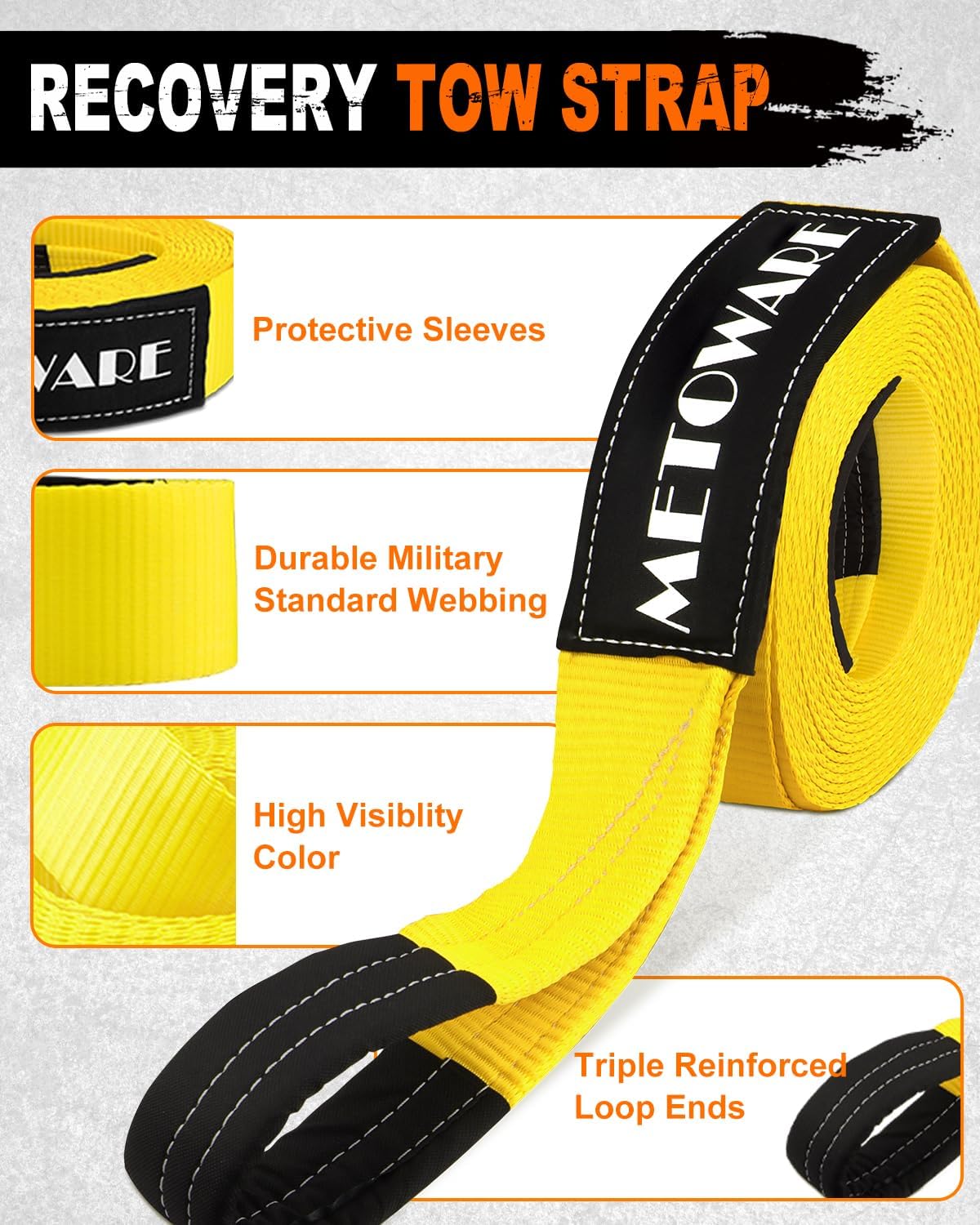 METOWARE Heavy Duty Tow Strap Recovery Kit - 3" x 20ft(35,000lbs) Tree Saver Winch Strap + 3/4" D Ring Shackles(2pcs) + Storage Bag - Truck, SUV, ATV Off Road Towing Strap Kit