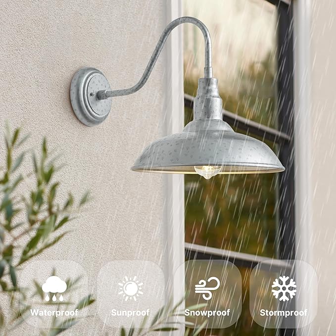 10'' Dome Outdoor Gooseneck Barn Light, Galvanized Steel Exterior Wall Lantern - Image 2