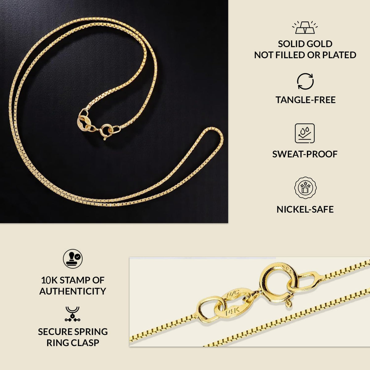 everyday elegance 10k gold box chain necklace for showing dimensions