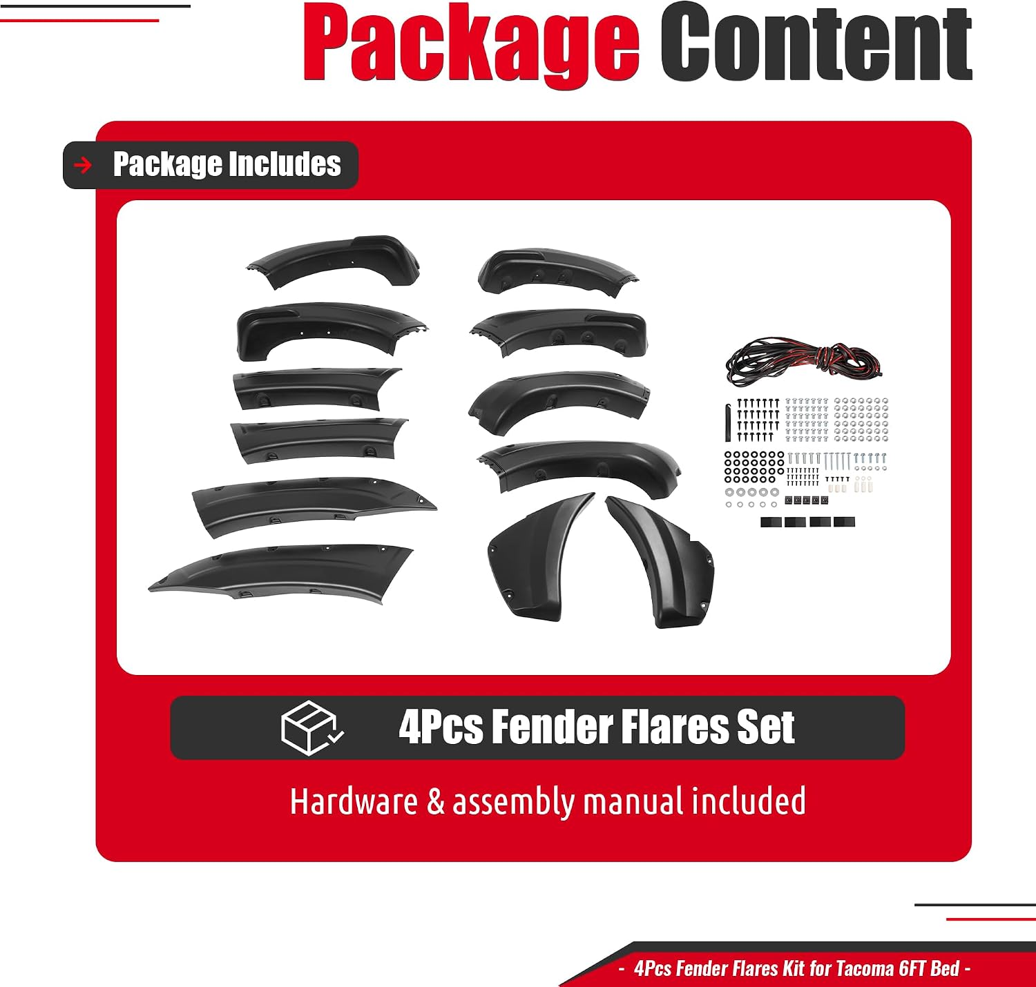 4Pcs Fender Flares Compatible with 2012-2015 Toyota Tacoma | Fleetside 6 FT (72") Long Bed Front & Rear Wheel Arch Covers PP Plastic Textured Black