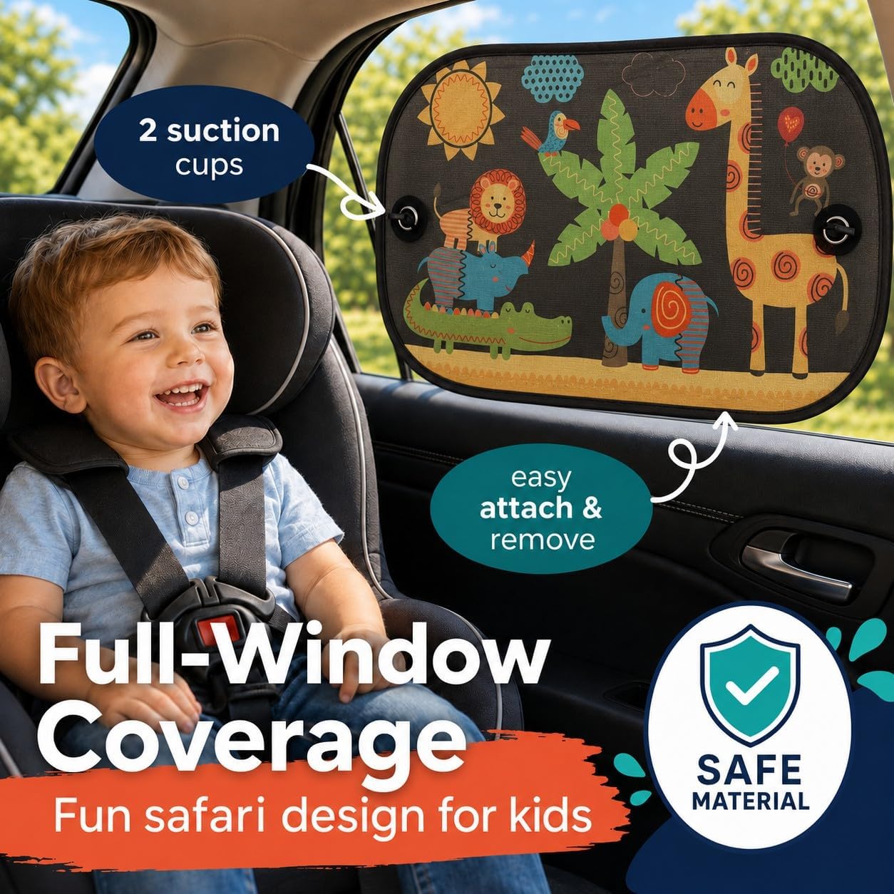 Car Window Shade, 2 Pack Cartoon Animal Side Window Sun Shades with Suction Cups, UV Protection Baby Car Window Shades for Sun Glare, Heat & Travel Comfort (Giraffe)