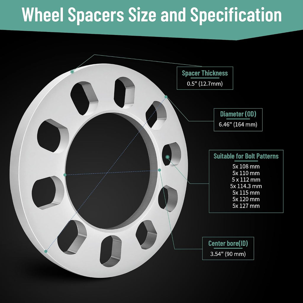 4PCS Universal Wheel Spacers 1/2 Inch (12mm) for 5 Lug Wheel Spacers Vehicles Fits Bolt Patterns 5x4.25, 5x110, 5x112, 5x4.5, 5x115, 5x120, 5x4.75, 5x5.0 Cars & Light Trucks