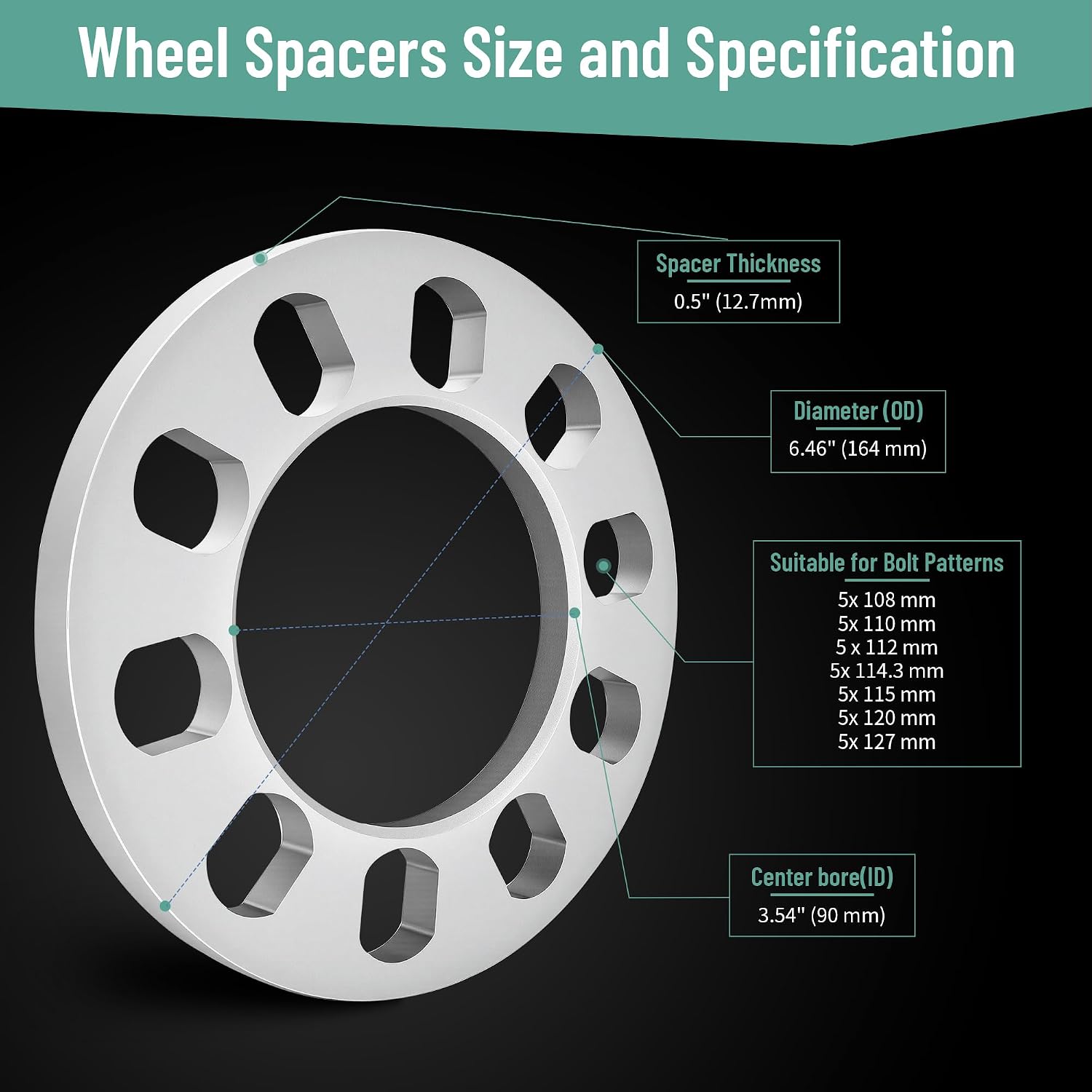 4PCS Universal Wheel Spacers 1/2 Inch (12mm) for 5 Lug Wheel Spacers Vehicles Fits Bolt Patterns 5x4.25, 5x110, 5x112, 5x4.5, 5x115, 5x120, 5x4.75, 5x5.0 Cars & Light Trucks