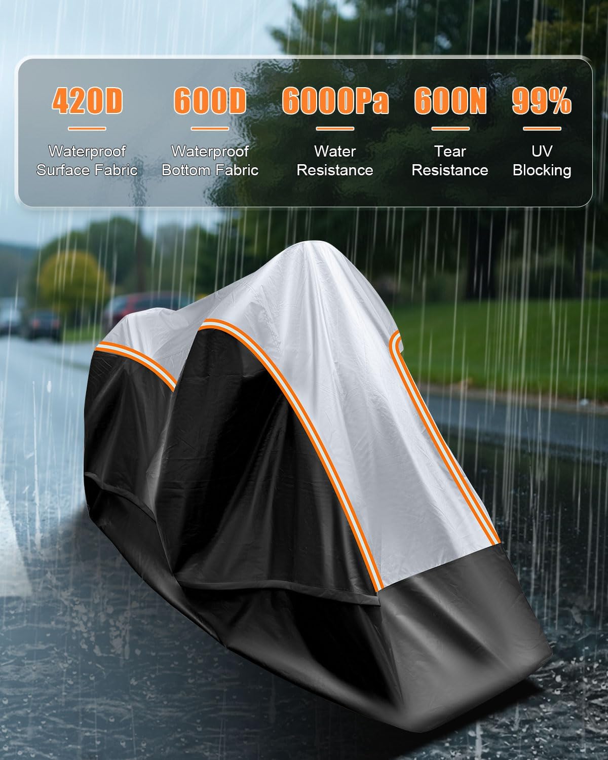 Full Enclosed Large Motorcycle Cover Waterproof Outdoor/Indoor Storage Motorcycle Cover Heavy Duty with Reflective Strips Fits Motorcycles Length up to 118" with Side+Top Box (Black+Sliver)