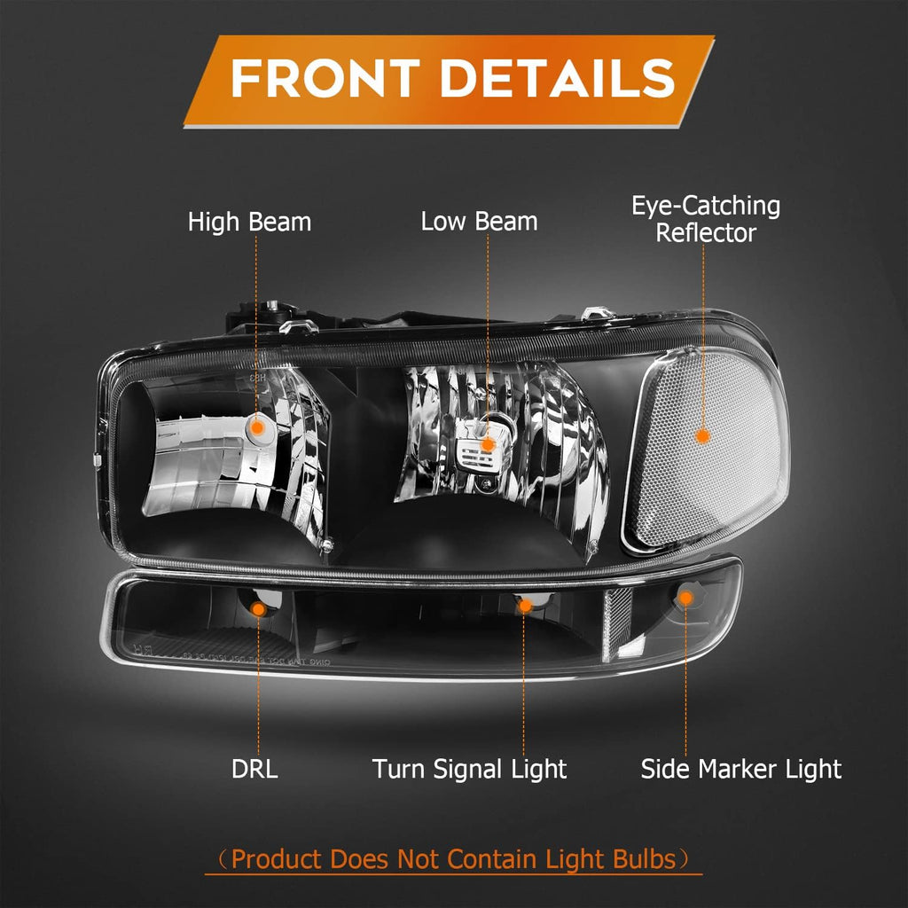Headlight Assembly Compatible with 1999-2006 for GMC Sierra 1500 2007 for GMC Sierra 1500 Classic Black Housing Clear Reflector Clear Lens Driver and Passenger Side Headlamp