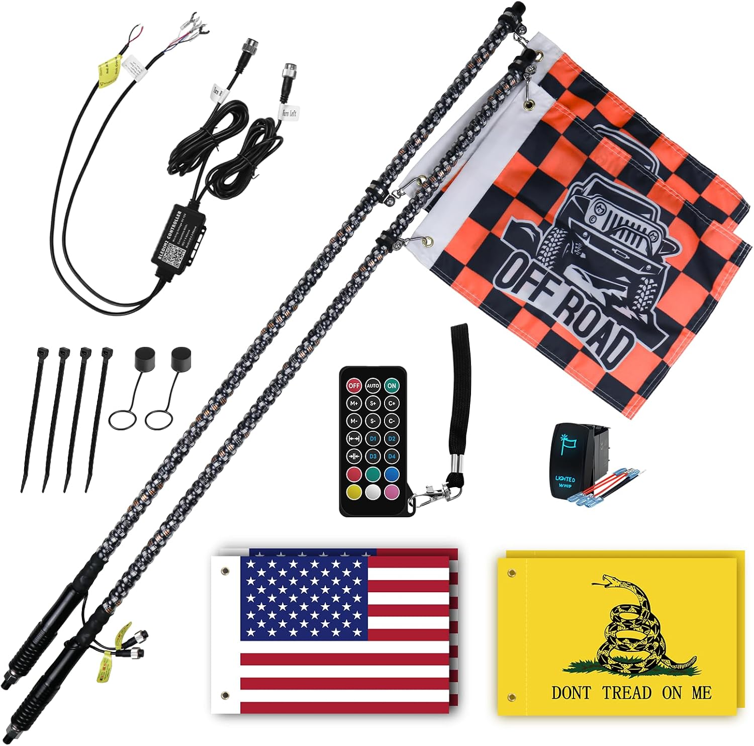 2PCS 4FT Whip Lights with Spring Base, LED Whip Lights with App & Remote Control,Spiral RGB Chasing Lighted Antenna with Rocker Switch, Music Whip Light for UTV ATV Polaris RZR SXS Jeep Truck