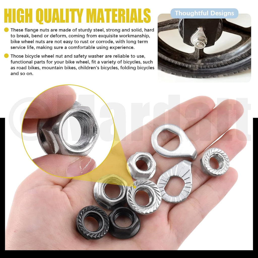 60Pcs M8 M9.5 M10 Bicycle Wheel Axle Nuts and Washer Assortment Kit Including Bike Hub Hex Flange Nuts, Front and Rear Wheel Hub Safety Washers Retaining Clips for Road Mountain Bike