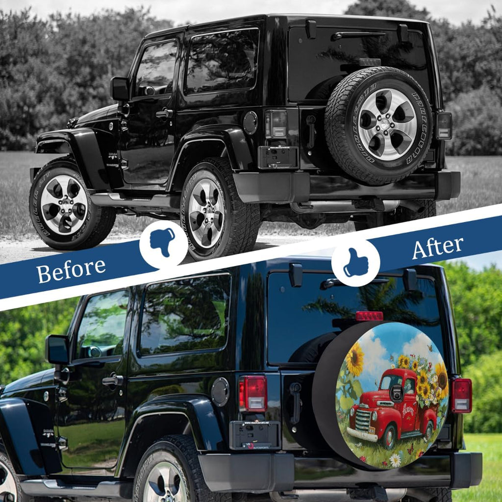 Spare Tire Cover with Backup Camera Hole Fit for Jeep RV Camper Travel Trailer SUV Truck 17inch,Waterproof Weatherproof Universal Car Wheel Protectors,Farm Floral Red Truck