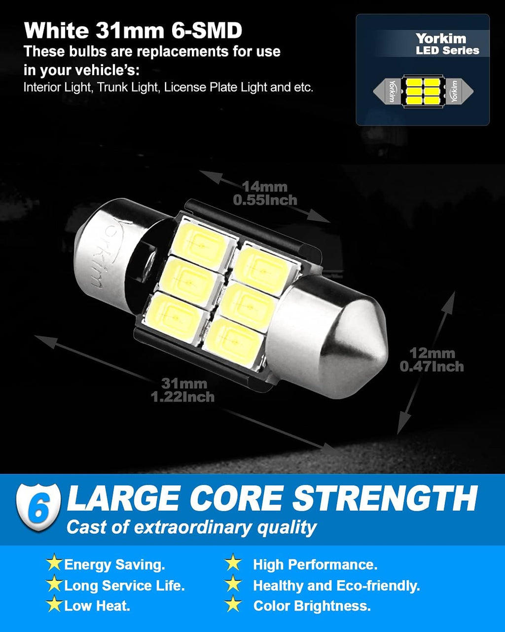 Yorkim DE3022 LED Bulb Super Bright DE3175 Festoon Bulbs White, Error Free Canbus 6-SMD 5730 Chipsets, DE3021 Interior Car Lights 31mm LED Bulbs for dome map light - Pack of 4