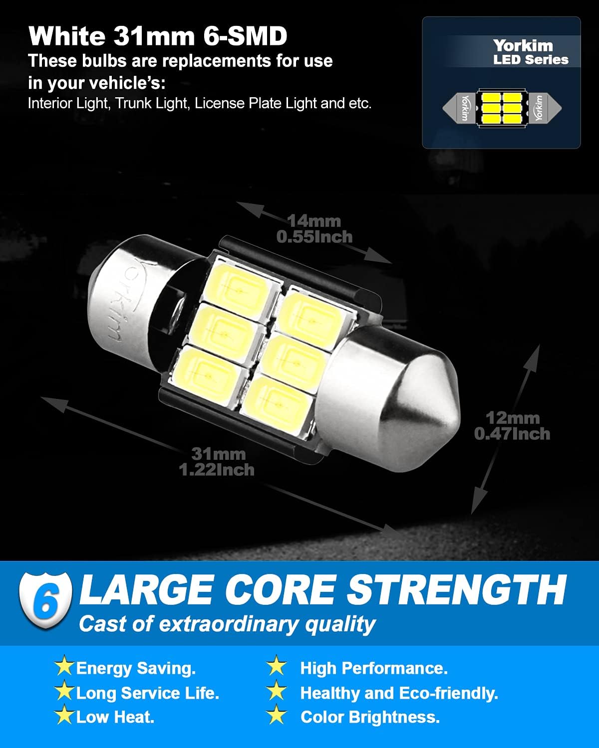 Yorkim DE3022 LED Bulb Super Bright DE3175 Festoon Bulbs White, Error Free Canbus 6-SMD 5730 Chipsets, DE3021 Interior Car Lights 31mm LED Bulbs for dome map light - Pack of 4