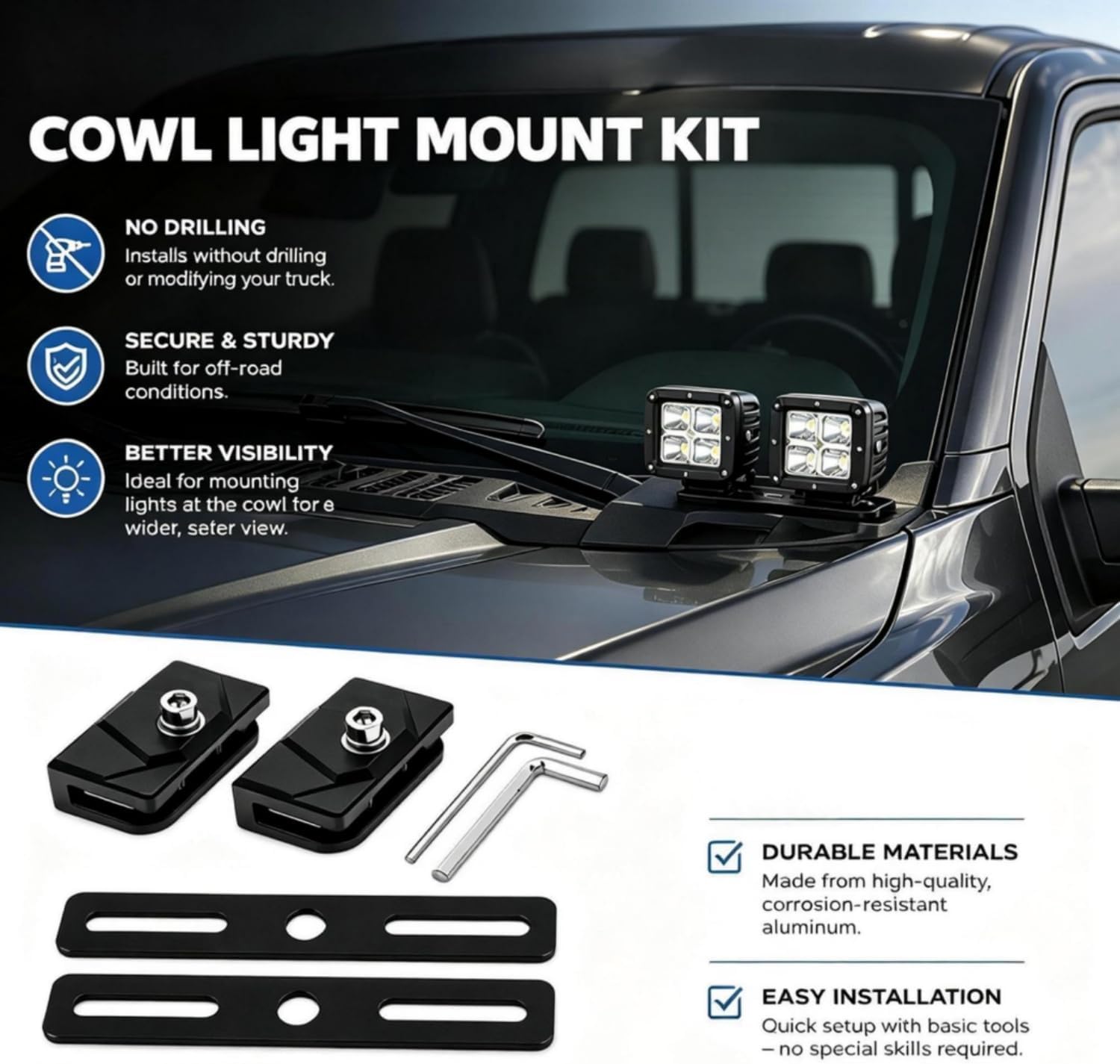 LED Light Bar Mounting Brackets A Pillar Ditch Light Bracket Extensions | Steel Cowl Pod Light Mounting Brackets No Drilling Universal Hood Light Mounting Brackets Adjustable Aluminum Alloy