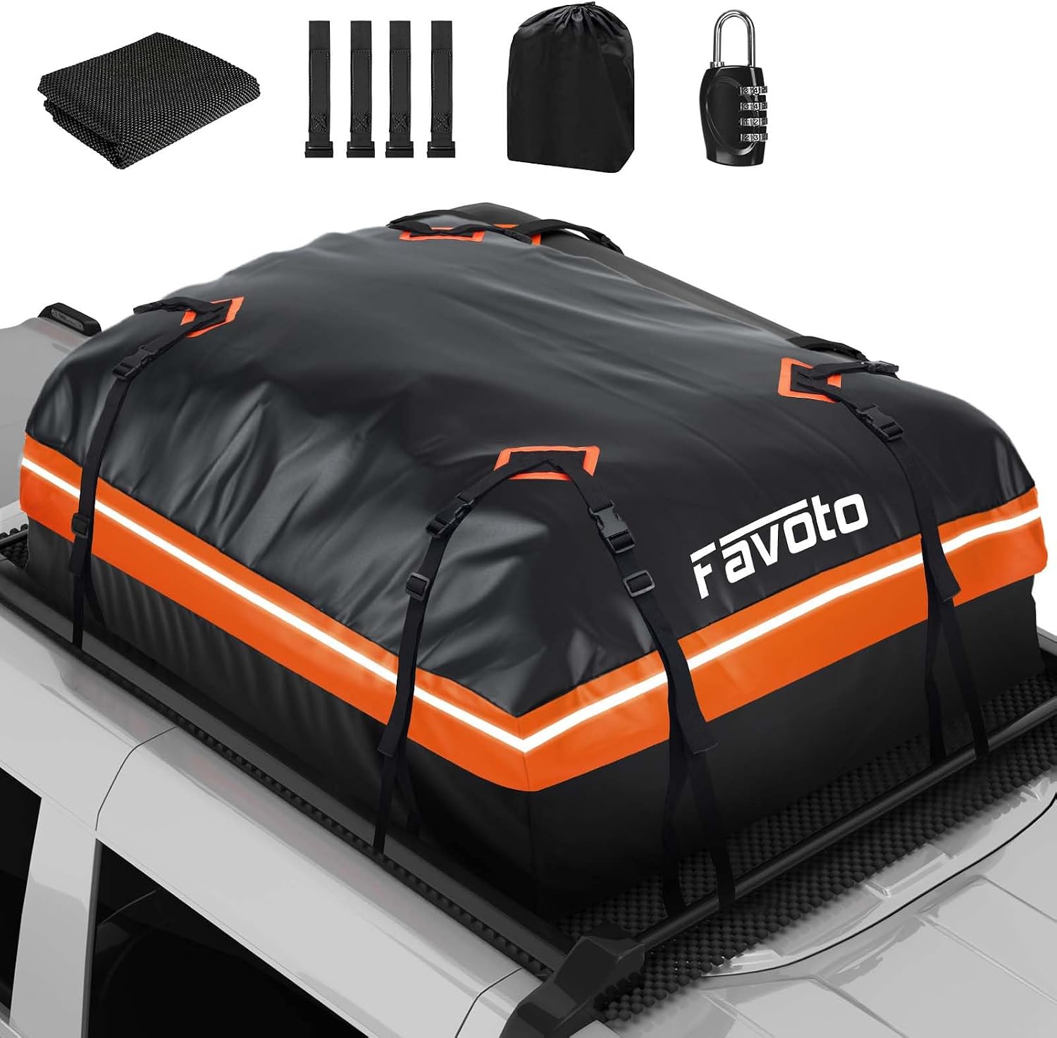 Favoto Roof Box, 566 Litres, Foldable Roof Case, Waterproof Roof Bag with Non-Slip Mat, Door Hooks, Reinforcement Straps for Cars, SUVs with/without Luggage Rack for Travel and Luggage Transport