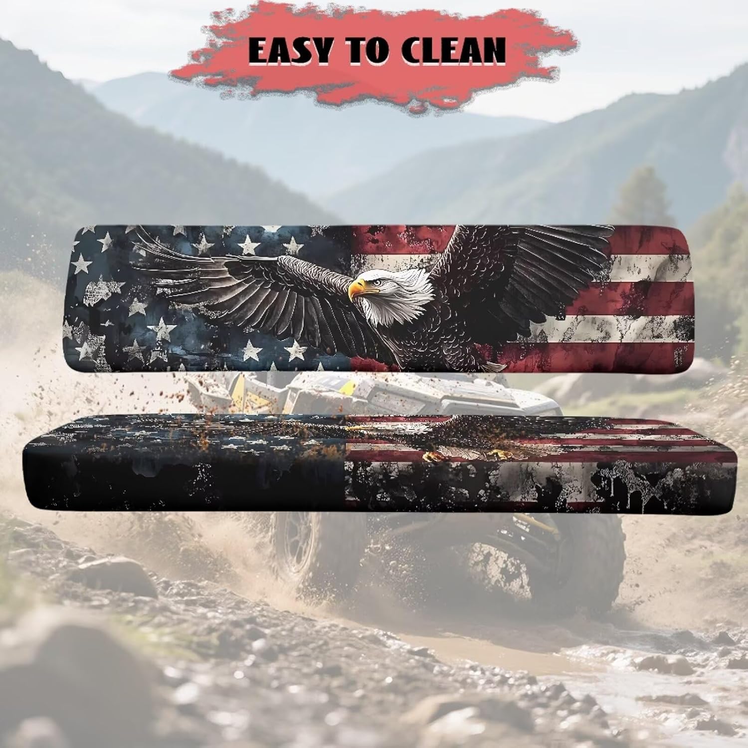 Poceacles Patriotic Decor Mule Seat Cover Anti-Scratch Full Protection UTV Bench Seat Cover Set Compatible with Kawasaki Mule 3000 3010 3020 4000 4010 2001-2023 2025, Eagle American Flag