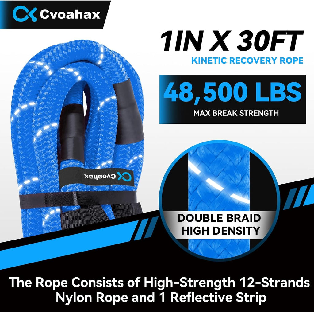 Kinetic Recovery Rope(Reflective) 1" x30ft Tow Rope with Soft Shackle | 48500LBS Heavy Duty Stretch Nylon & Extreme Duty 35% Elasticity Energy Snatch Strap for Trucks SUV UTV ATV Car, Blue