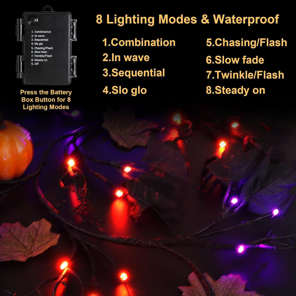 FLYSNK 9 FT 72 LED Halloween Willow Vine Twig Decorations With Orange & P...