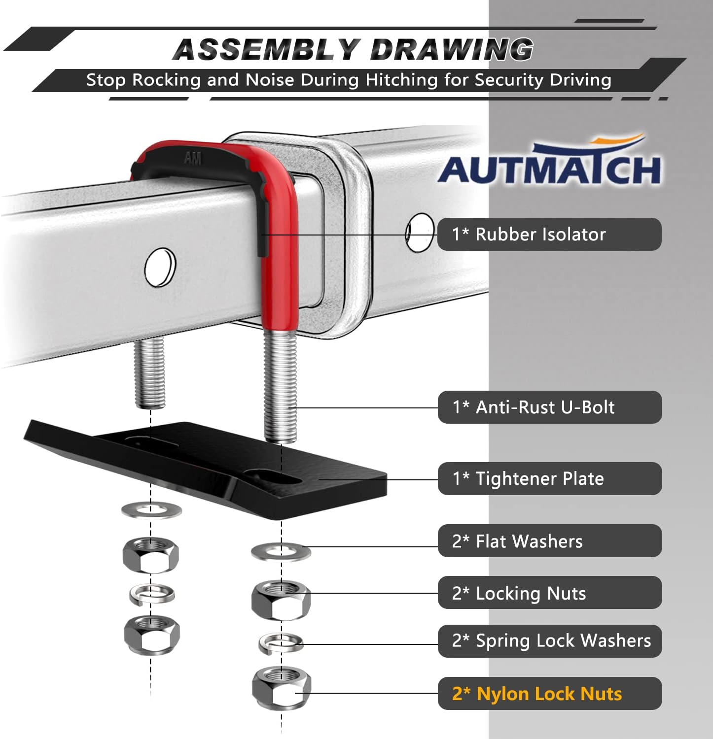 AUTMATCH Hitch Tightener Anti-Rattle Clamp, Heavy Duty Hitch Stabilizer for 1.25" and 2" Trailer Hitches, Rubber Isolator and Anti-Rust Double Coating Protective, Red & Black